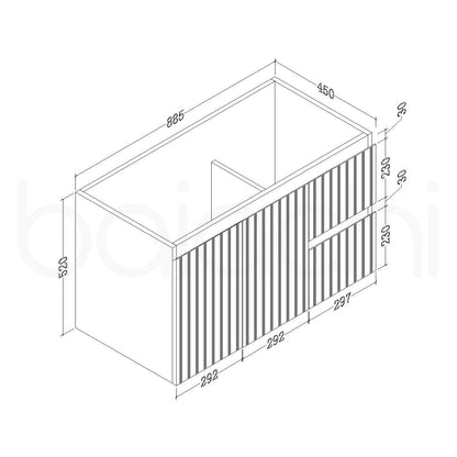 Baiachi Ivana Fluted 900mm PVC Water Proof Wall Hung Bathroom Vanity Right Drawers Cabinet