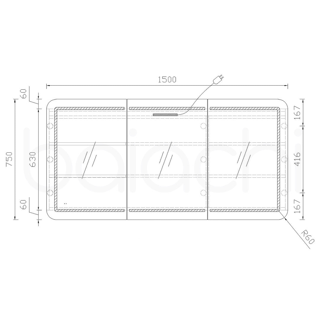Baiachi 1500x750 Round Edge LED Mirror Cabinet