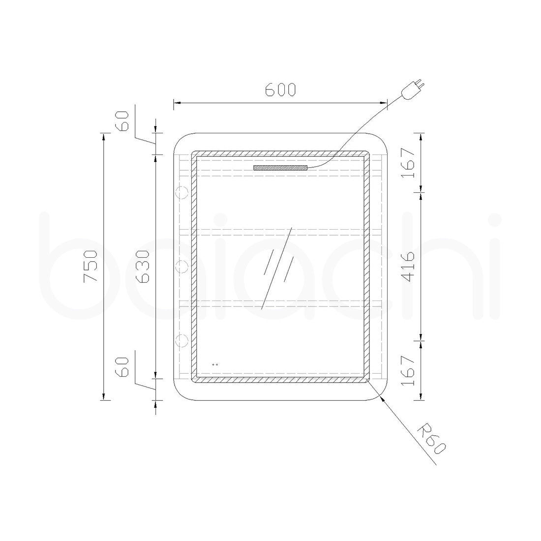 Baiachi 600x750 Round Edge LED Mirror Cabinet Left Opening