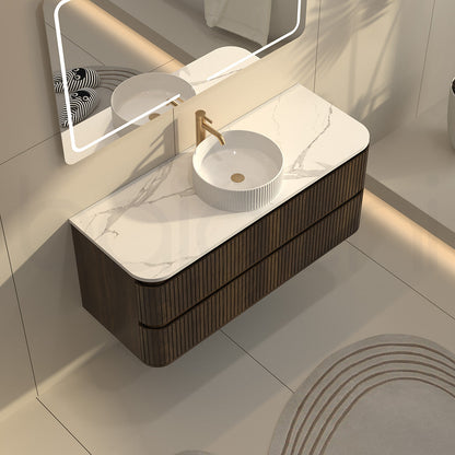 Baiachi Mareeba 1200 Fluted Timber Bathroom Vanity Wall Hung Black Walnut Calacatta Stone