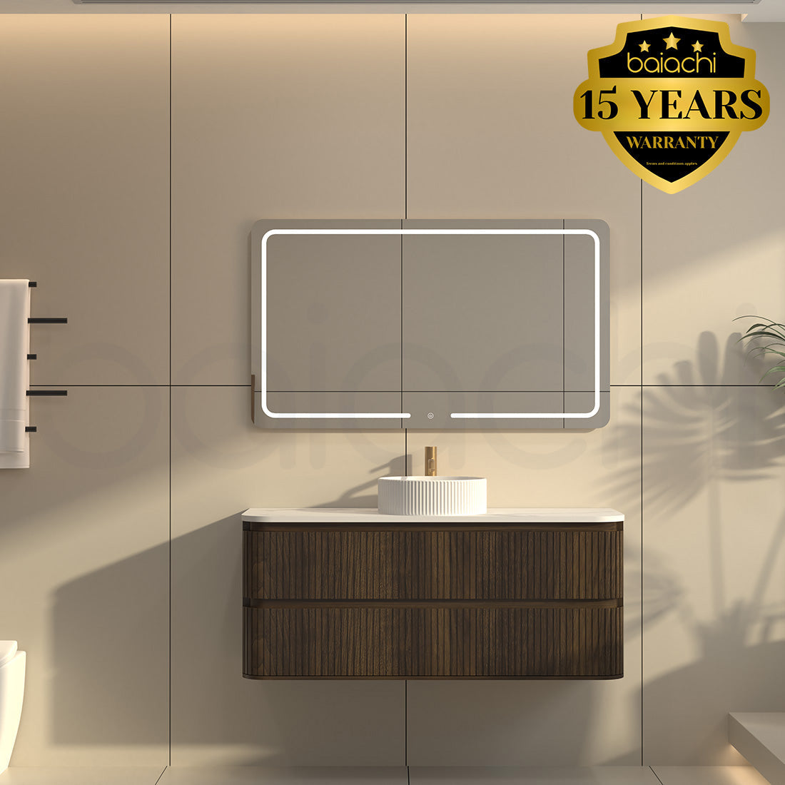 Baiachi Mareeba 1200 Fluted Timber Bathroom Vanity Wall Hung Black Walnut Calacatta Stone