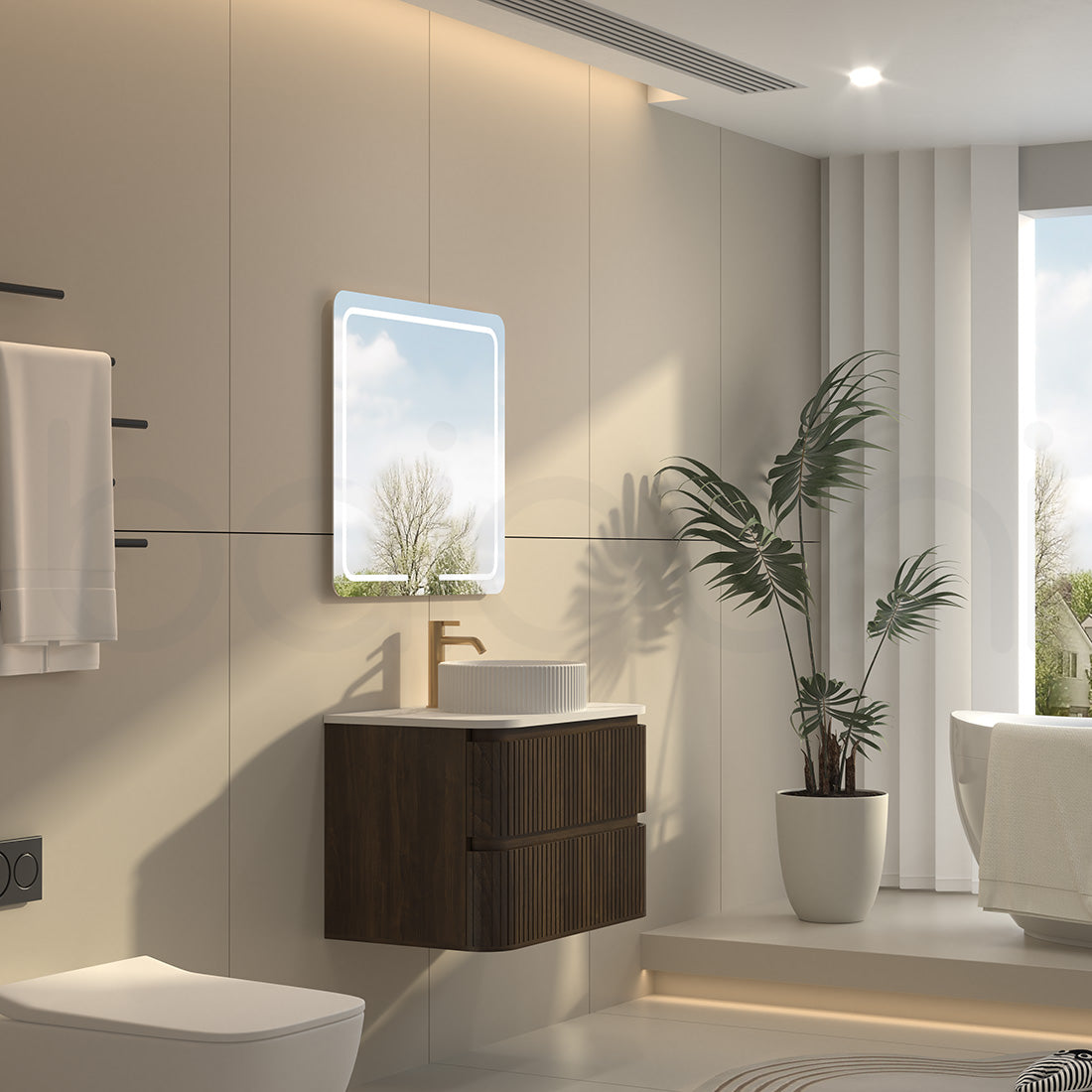 Baiachi Mareeba 900 Fluted Timber Bathroom Vanity Wall Hung Black Walnut Calacatta Stone