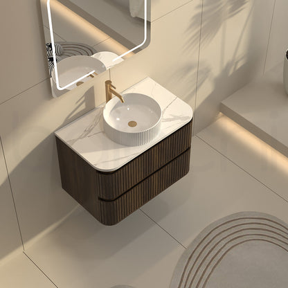 Baiachi Mareeba 750 Fluted Timber Bathroom Vanity Wall Hung Black Walnut Calacatta Stone