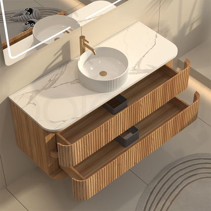 Baiachi Mareeba 1200 Timber Fluted Wall Hung Bathroom Vanity Calacatta Stone