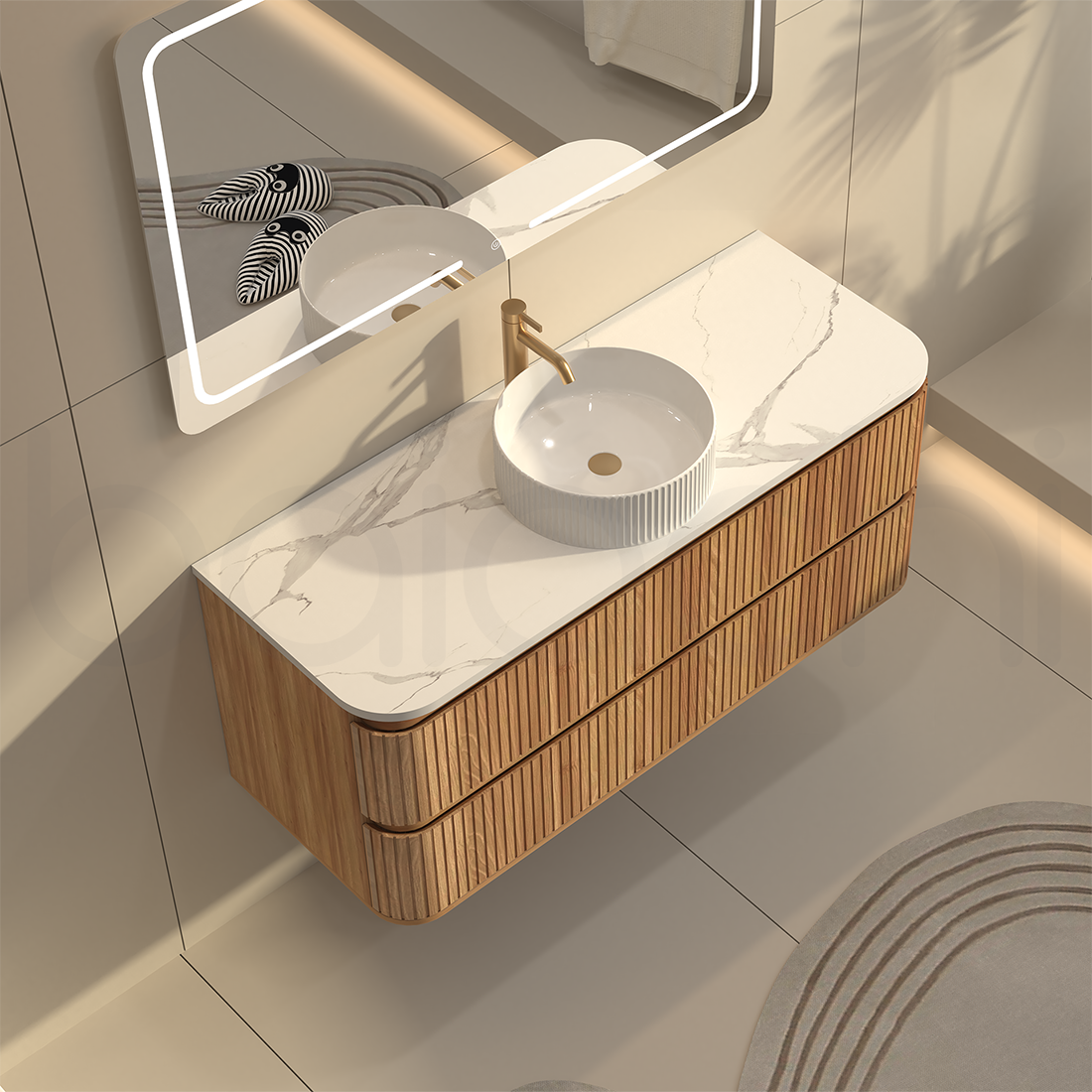 Baiachi Mareeba 1200 Timber Fluted Wall Hung Bathroom Vanity Calacatta Stone
