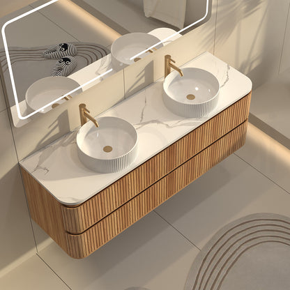 Baiachi Mareeba 1500 Timber Fluted Wall Hung Bathroom Vanity Calacatta Stone