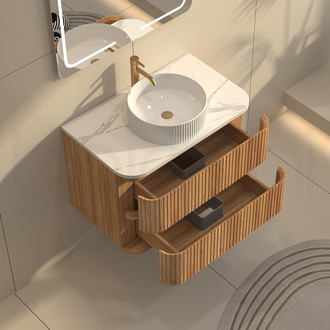 Baiachi Mareeba 750 Timber Fluted Wall Hung Bathroom Vanity Calacatta Stone