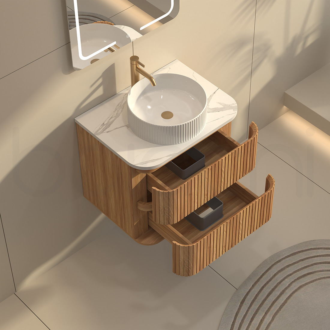 Baiachi Mareeba 600 Timber Fluted Wall Hung Bathroom Vanity Calacatta Stone