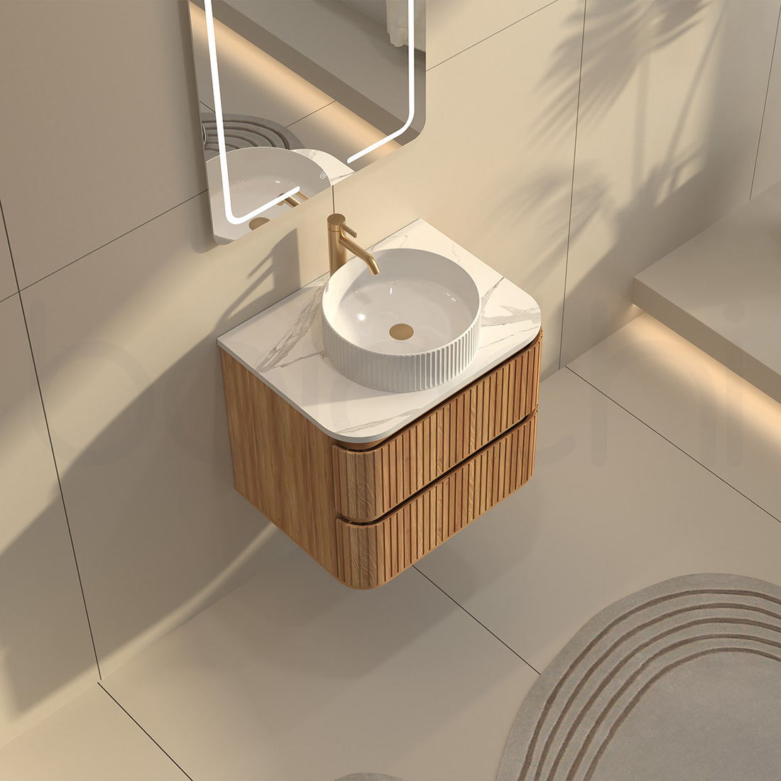 Baiachi Mareeba 600 Timber Fluted Wall Hung Bathroom Vanity Calacatta Stone