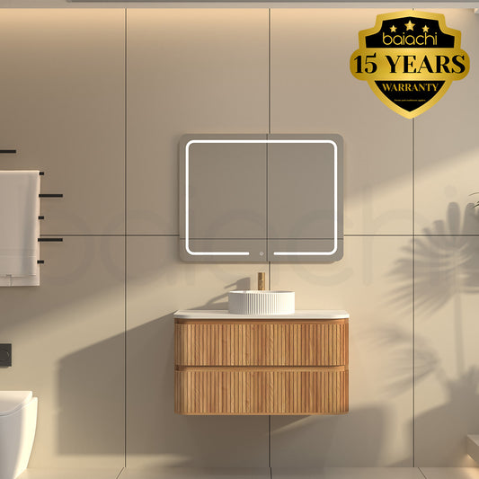 Baiachi Mareeba 900 Timber Fluted Wall Hung Bathroom Vanity Calacatta Stone