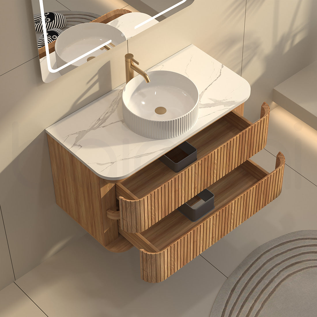Baiachi Mareeba 900 Timber Fluted Wall Hung Bathroom Vanity Calacatta Stone