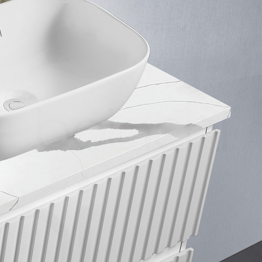 Baiachi Ivana Fluted 750mm PVC Water Proof Wall Hung Bathroom Vanity Right Drawers Calacatta Quartz Stone