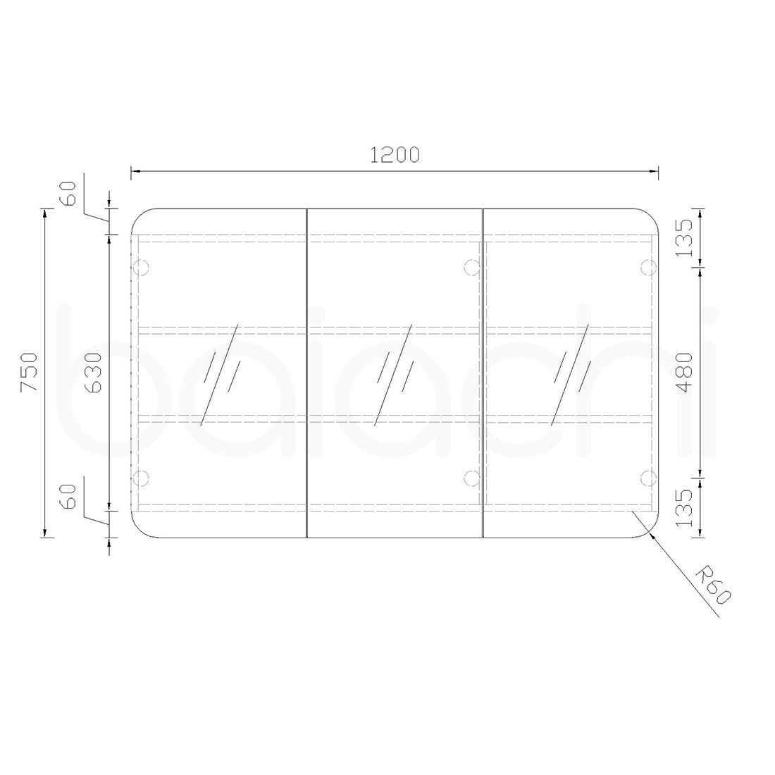 Baiachi 1200x750 Round Edge Mirror Cabinet