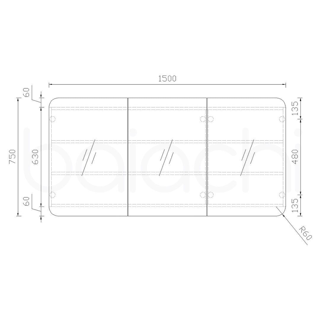Baiachi 1500x750 Round Edge Mirror Cabinet