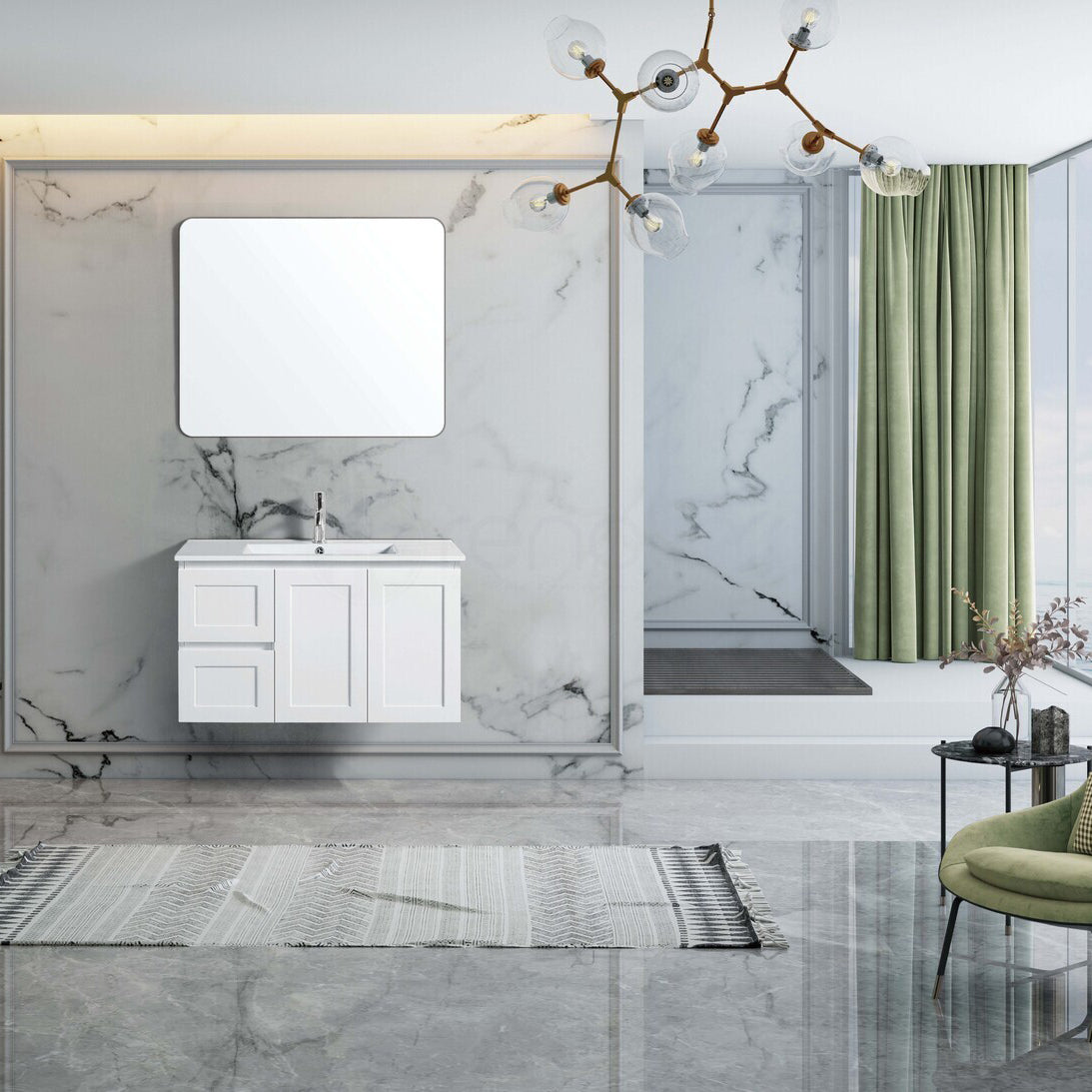 Shaker 900mm Plywood Wall Hung Bathroom Vanity White Quartz Stone