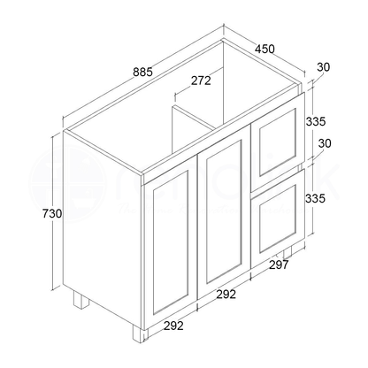Shaker Plywood 900mm Bathroom Vanity Right Drawers Ceramic Basin