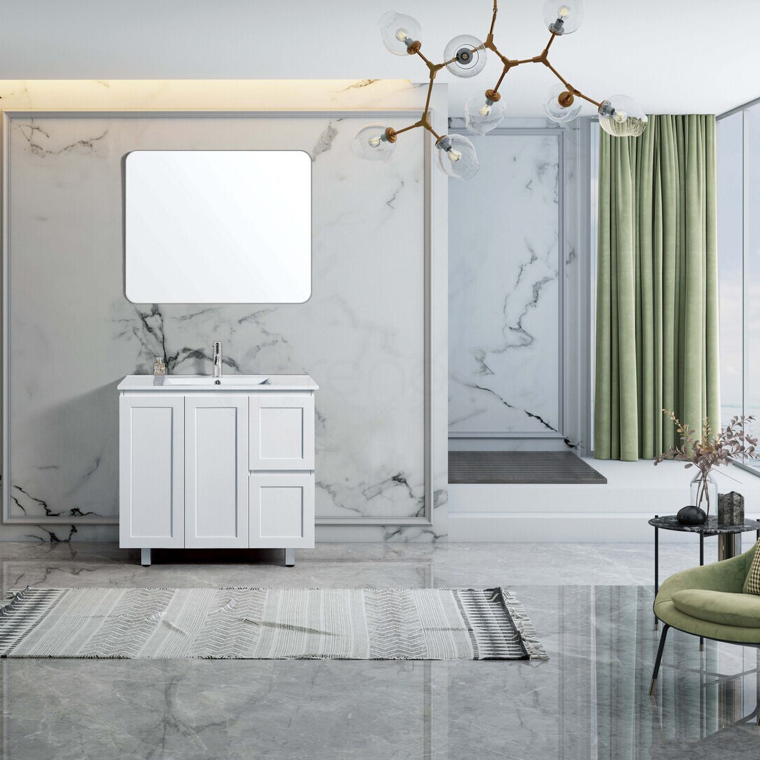 Shaker Plywood 900mm Bathroom Vanity Right Drawers White Stone