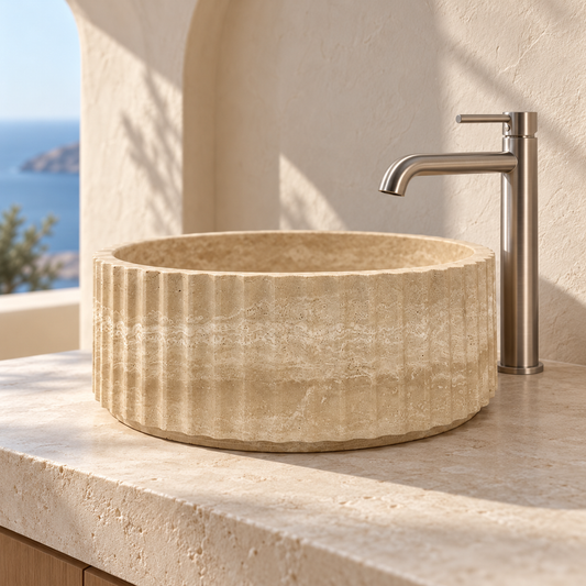 Baiachi Round Fluted Bathroom Counter Top Stone Basin Natural Travertine