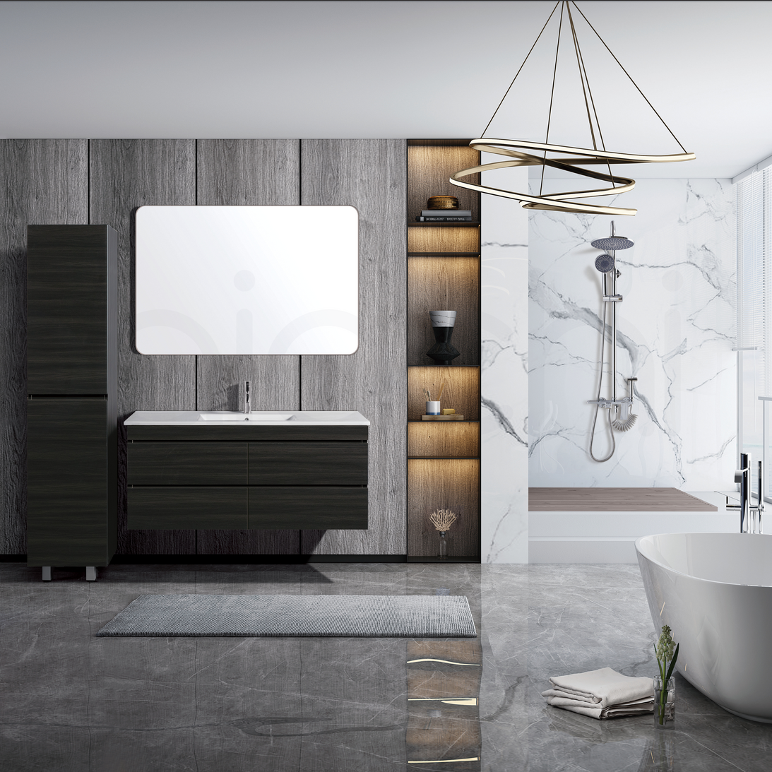 Vellena 1500mm Plywood Empire Oak Wall Hung Bathroom Vanity White Stone