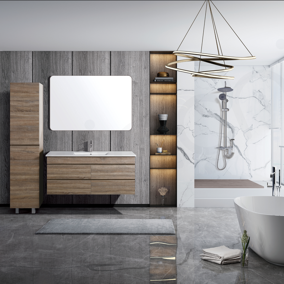 Vellena 1200mm PVC Water Proof Prime Oak Wall Hung Bathroom Vanity White Quartz Stone