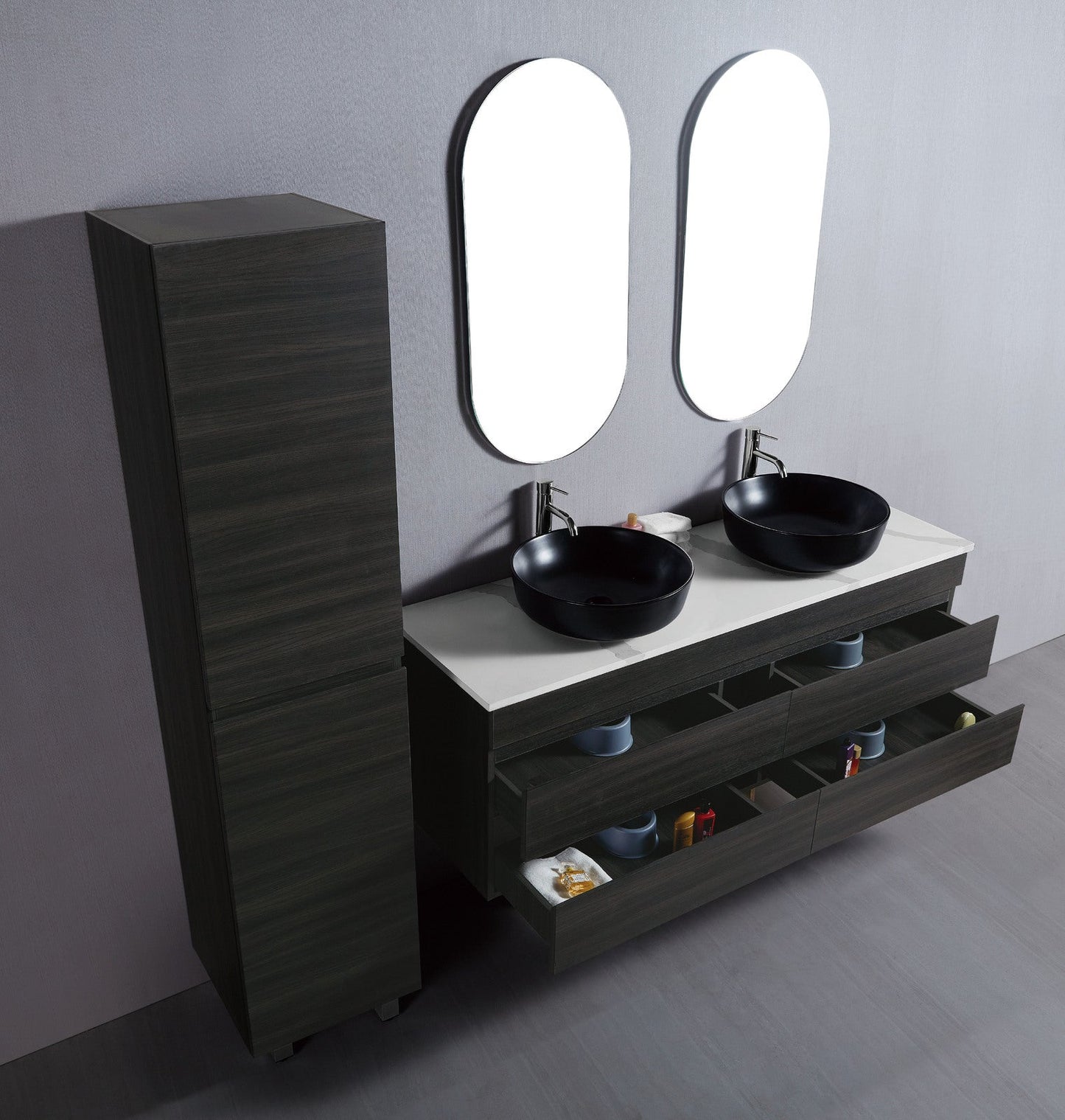 Vellena 1500mm PVC Water Proof Empire Oak Wall Hung Bathroom Vanity Double Poly Marble Basin