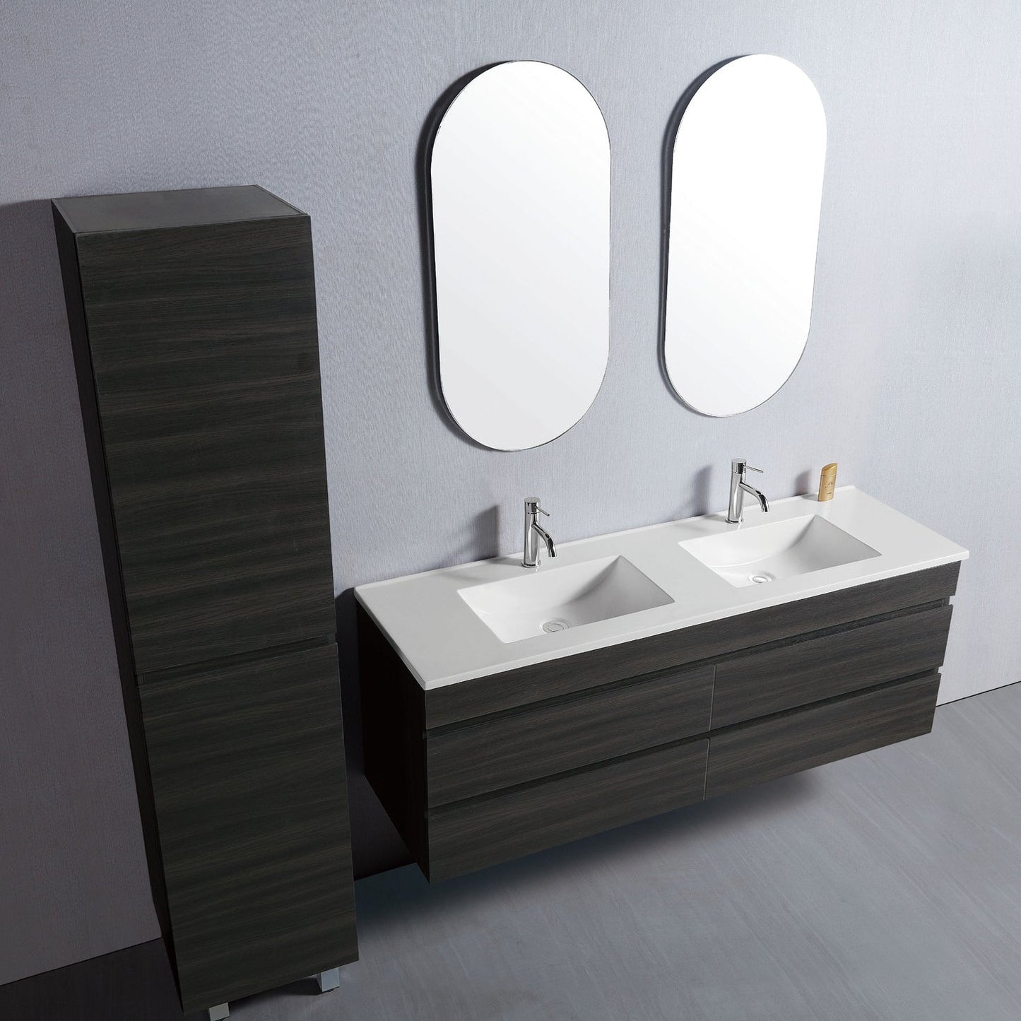 Vellena 1500mm PVC Water Proof Empire Oak Wall Hung Bathroom Vanity Double Poly Marble Basin