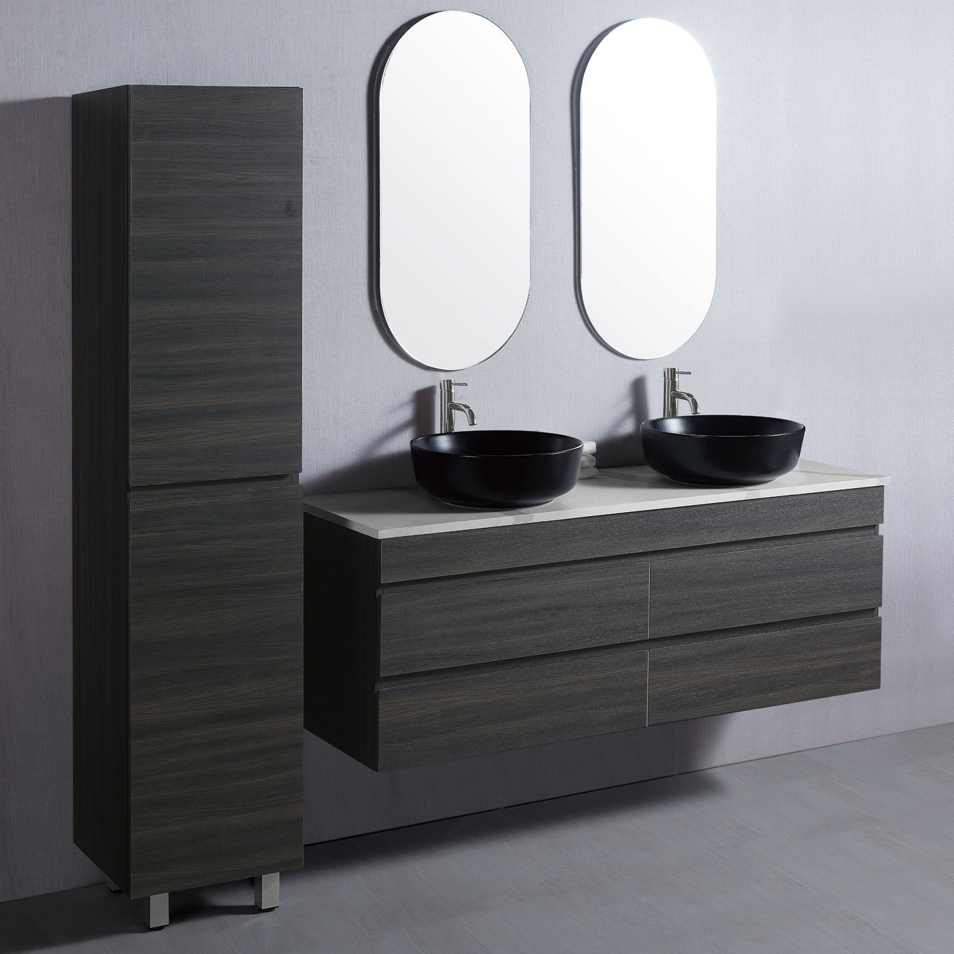 Vellena 1500mm PVC Water Proof Empire Oak Wall Hung Bathroom Vanity Double Poly Marble Basin