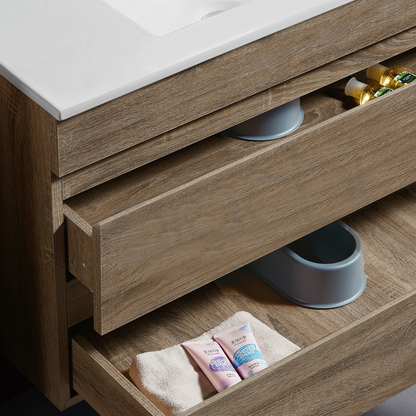 Vellena 1500mm Plywood Prime Oak Wall Hung Bathroom Vanity Double Ceramic Basin