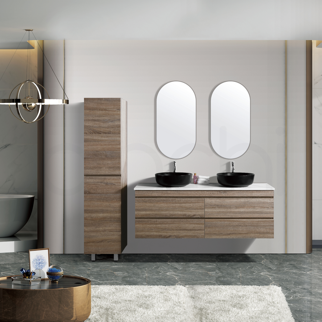 Vellena 1500mm Plywood Prime Oak Wall Hung Bathroom Vanity Double Ceramic Basin