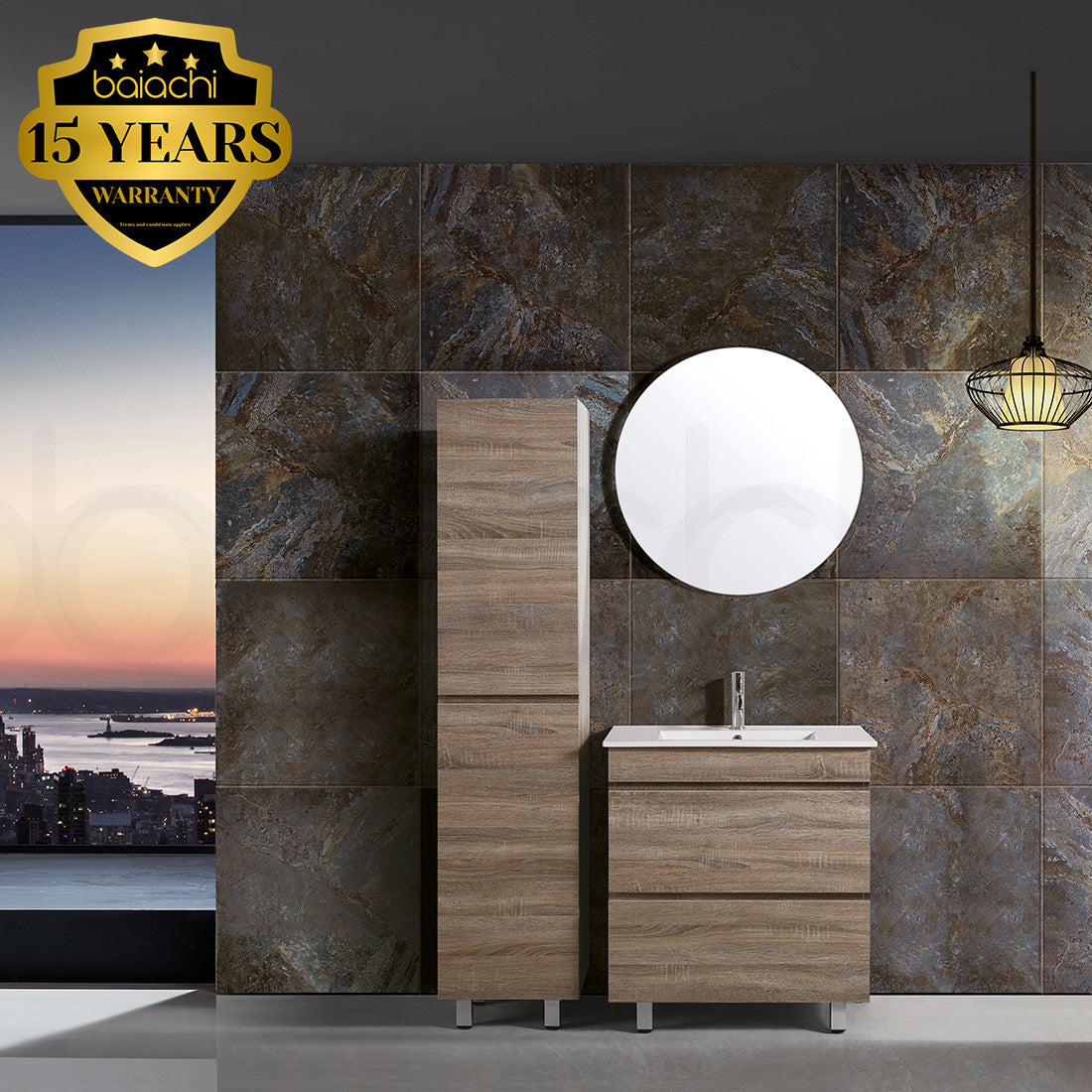 Vellena Plywood 750mm Prime Oak Bathroom Vanity White Stone