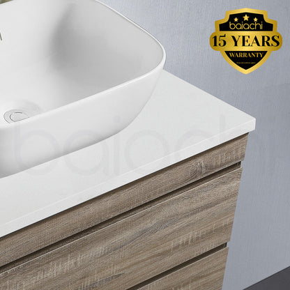 Vellena Plywood 750mm Wall Hung Prime Oak Bathroom Vanity White Stone