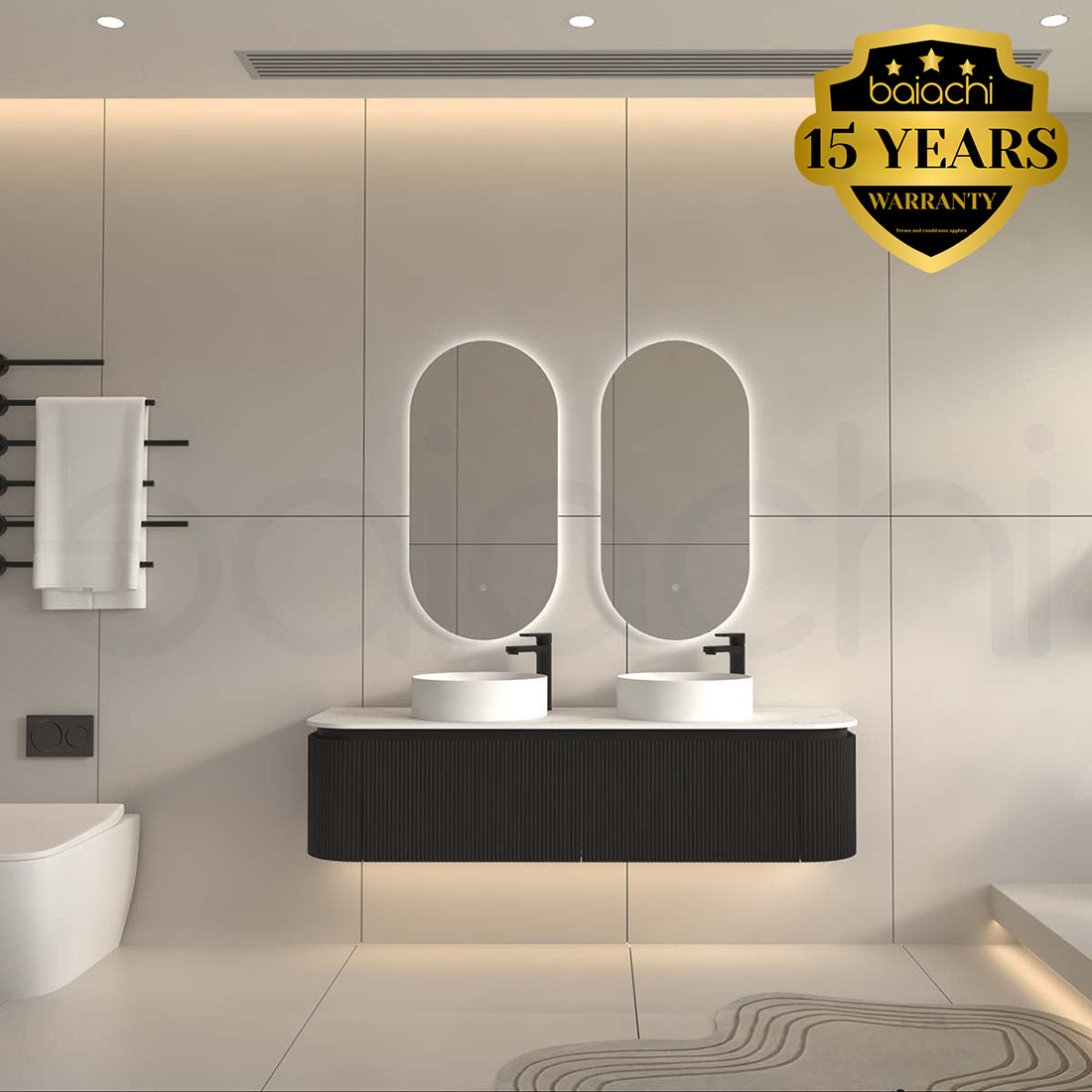 Baiachi Gympie 1500 Black Fluted Timber Bathroom Vanity Wall Hung Calacatta Stone