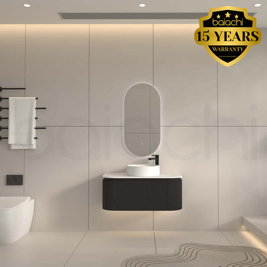 Baiachi Gympie 900 Black Fluted Timber Bathroom Vanity Wall Hung Calacatta Stone
