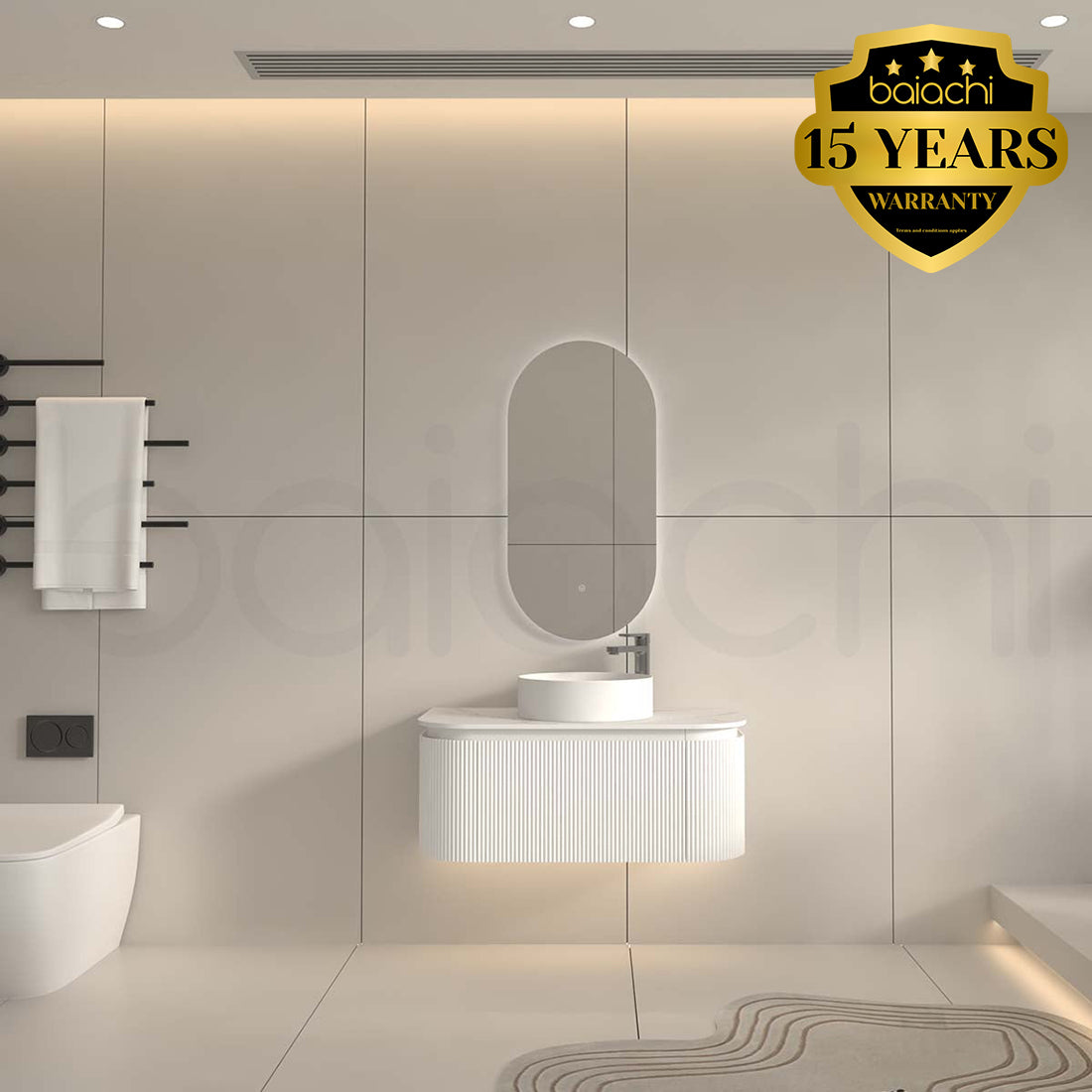 Baiachi Gympie 900 White Fluted Timber Bathroom Vanity Wall Hung Calacatta Stone