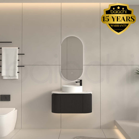 Baiachi Gympie 750 Black Fluted Timber Bathroom Vanity Wall Hung Calacatta Stone