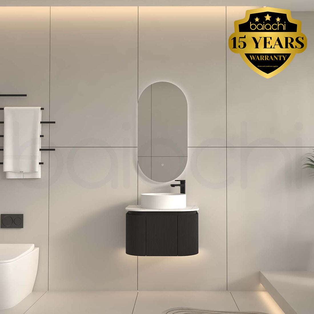 Baiachi Gympie 600 Black Fluted Timber Bathroom Vanity Wall Hung Calacatta Stone