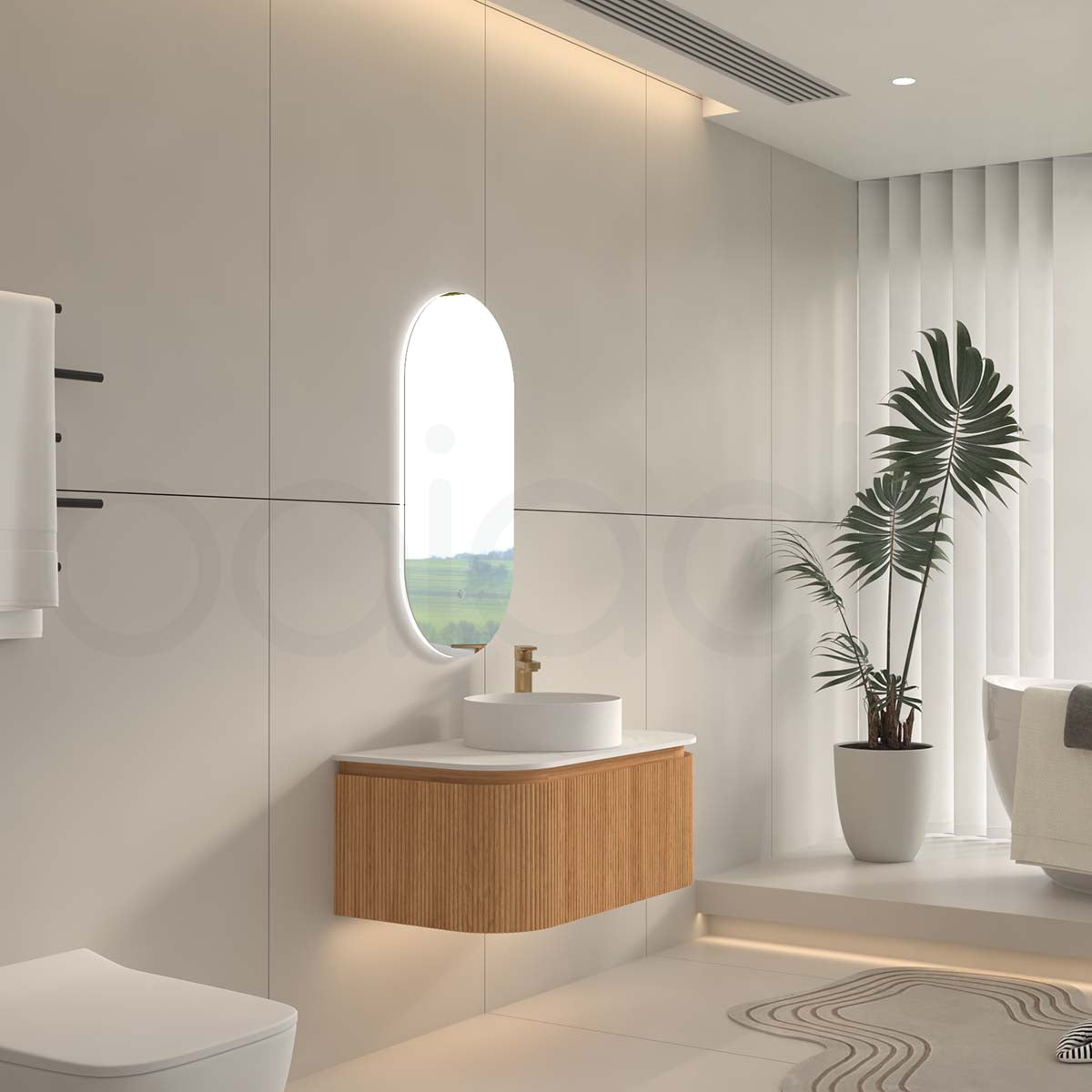 Baiachi Gympie 900 Fluted Timber Bathroom Vanity Wall Hung Calacatta Stone