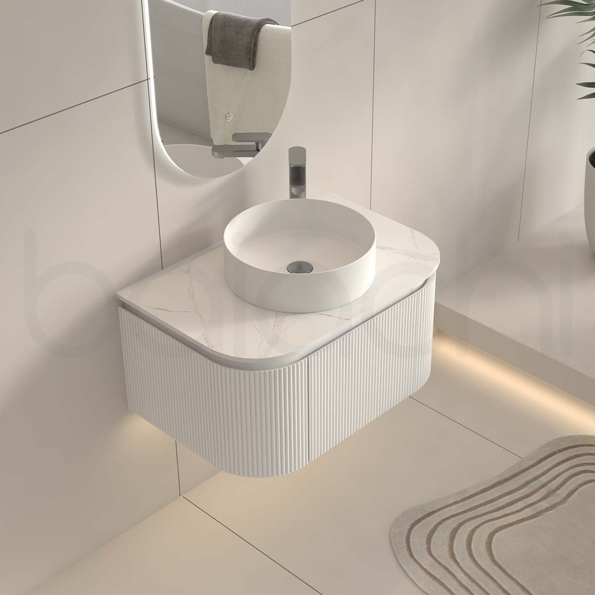 Baiachi Gympie 750 White Fluted Timber Bathroom Vanity Wall Hung Calacatta Stone