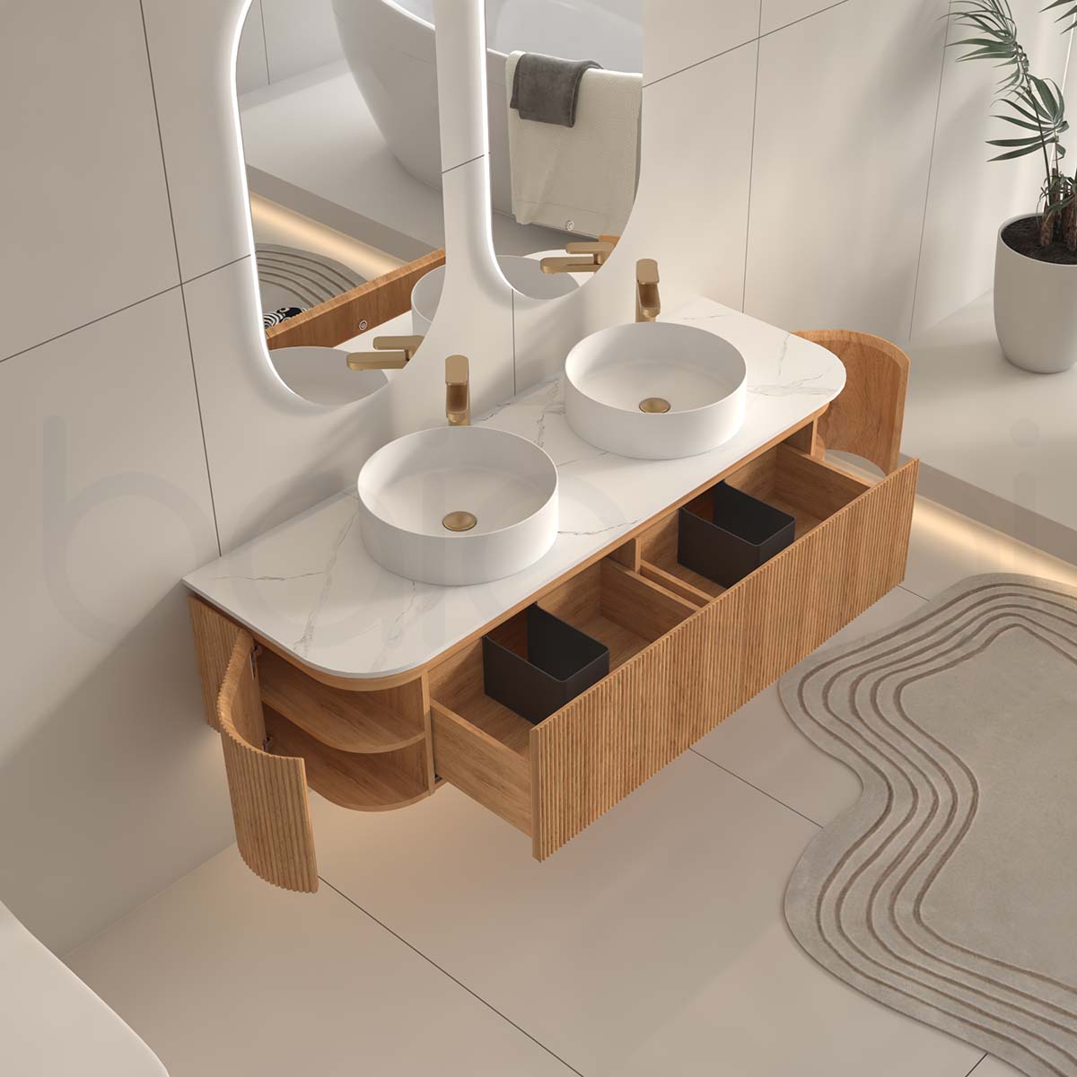 Baiachi Gympie 1500 Fluted Timber Bathroom Vanity Wall Hung Calacatta Stone