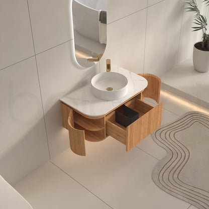 Baiachi Gympie 900 Fluted Timber Bathroom Vanity Wall Hung Calacatta Stone