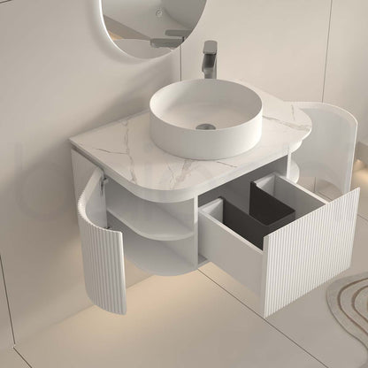 Baiachi Gympie 750 White Fluted Timber Bathroom Vanity Wall Hung Calacatta Stone