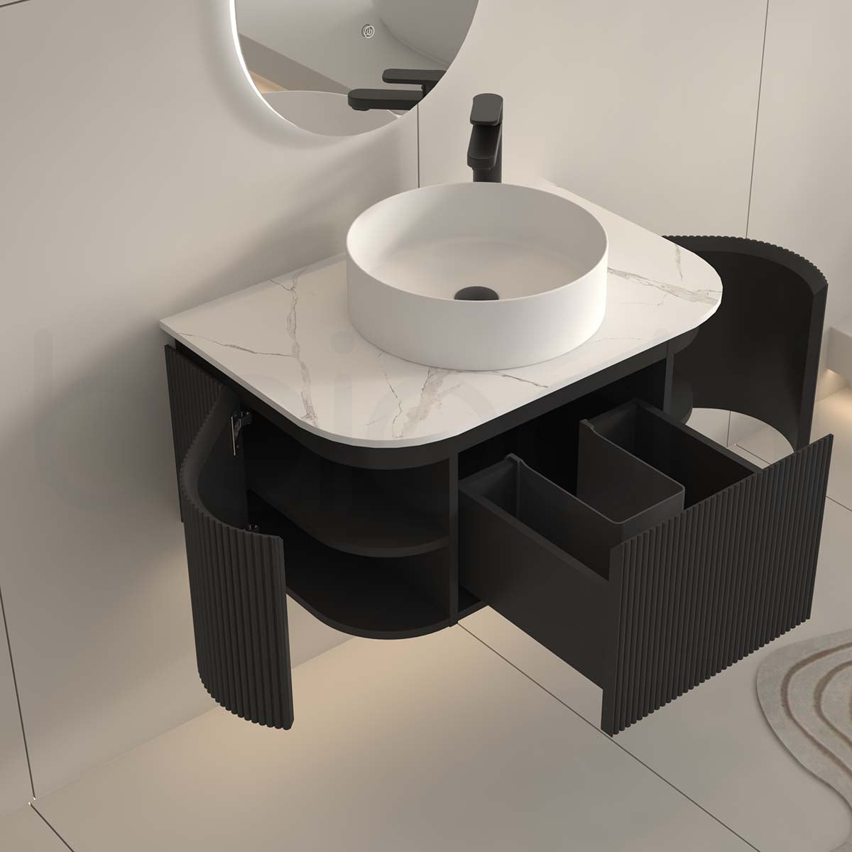 Baiachi Gympie 750 Black Fluted Timber Bathroom Vanity Wall Hung Calacatta Stone