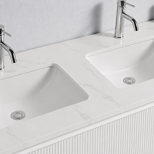 Baiachi Clermont 1200 White Fluted Wall Hung Bathroom Vanity Calacatta Stone Double Undercounter Basin