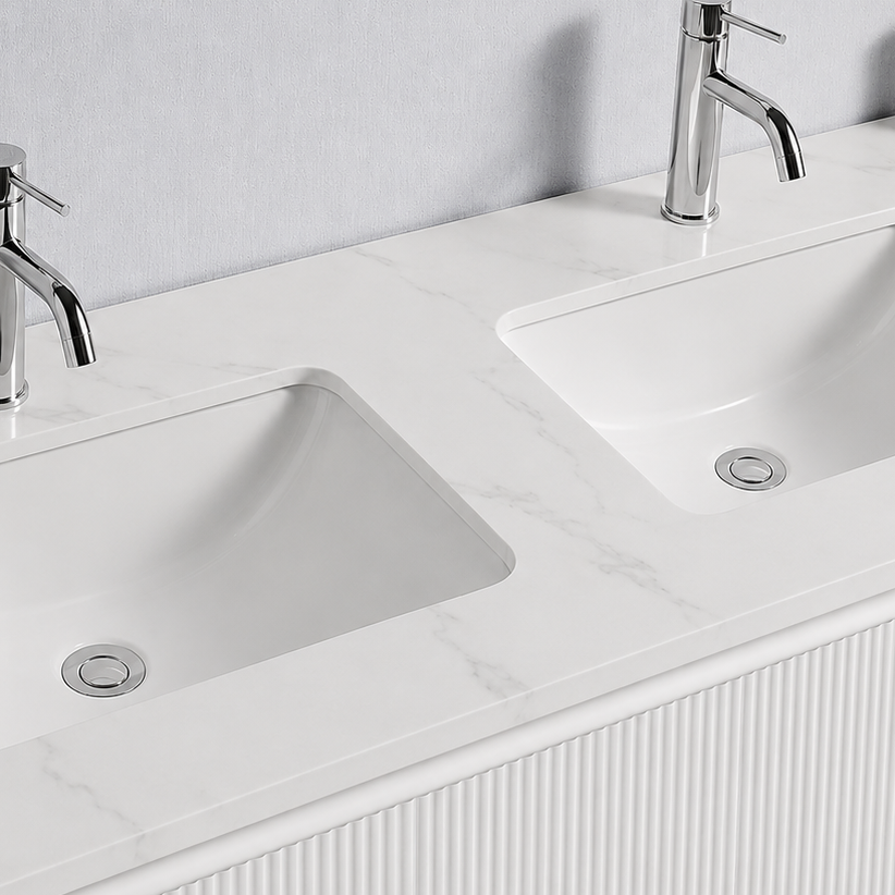 Baiachi Clermont 1500 White Fluted Wall Hung Bathroom Vanity Calacatta Stone Double Undercounter Basin