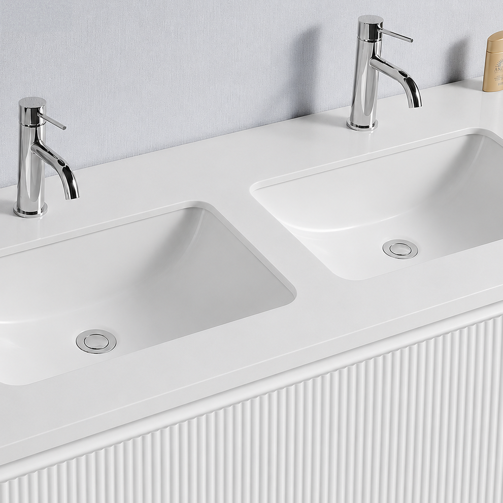 Baiachi Clermont 1500 White Fluted Wall Hung Bathroom Vanity White Stone Double Undercounter Basin