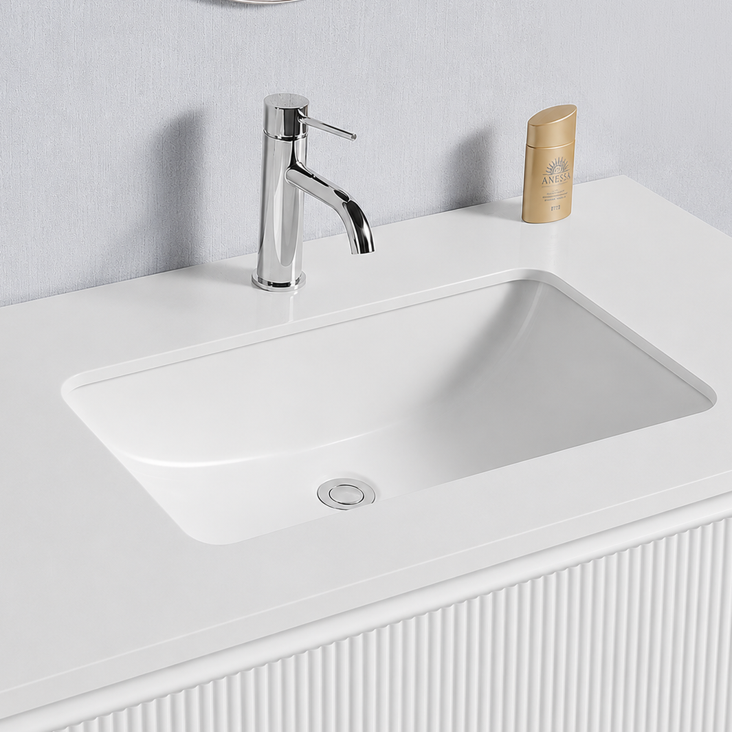 Baiachi Clermont 900 White Fluted Wall Hung Bathroom Vanity White Stone Undercounter Basin