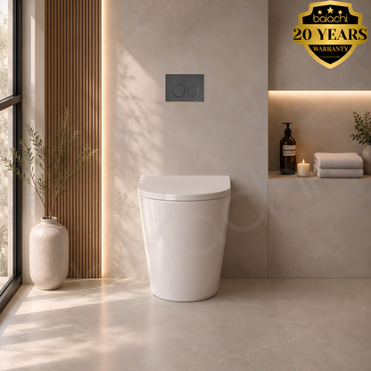 Ballina Rimless In Wall Toilet Suite with Round Gun Metal Flushing Buttons