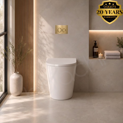 Ballina Rimless In Wall Toilet Suite with Round Brushed Gold Flushing Buttons