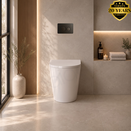 Ballina Rimless In Wall Toilet Suite with Round Stainless Steel Antique Bronze Flushing Buttons
