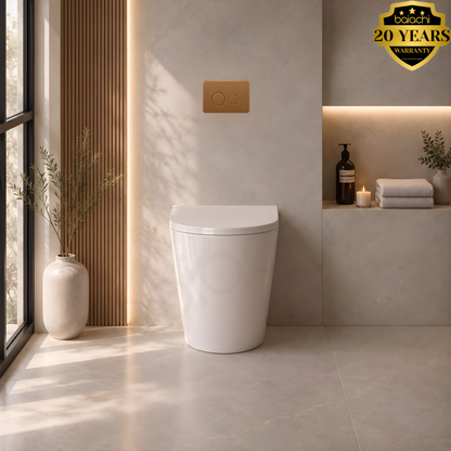 Ballina Rimless In Wall Toilet Suite with Round Stainless Steel Brushed Copper Flushing Buttons